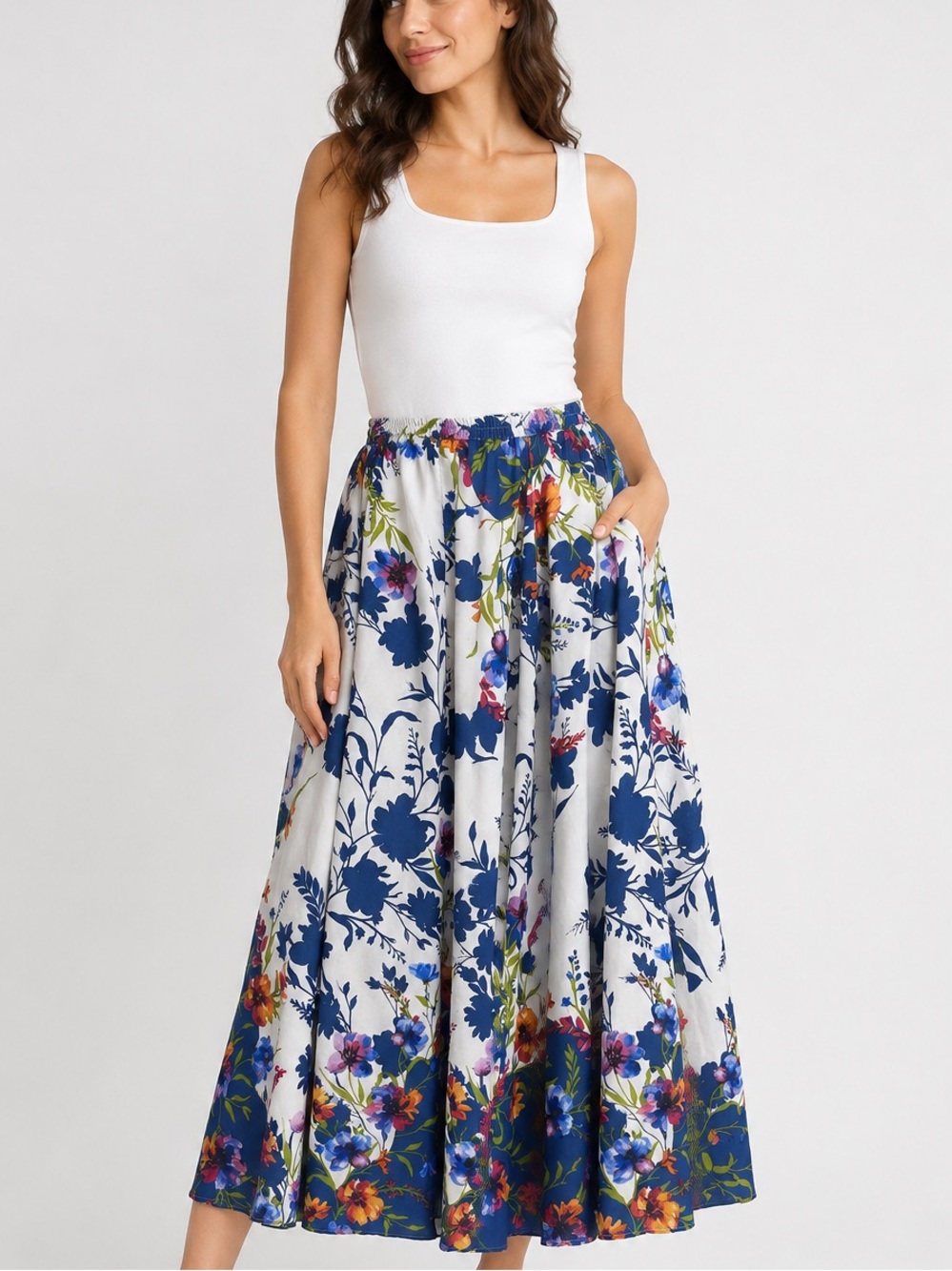Mix Nouvelle New York Floral Maxi Skirt Women’s L Blue White Boho Elastic Waist